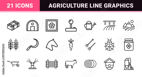 Agriculture and farming line icons with barn pitchfork and wheat symbols.