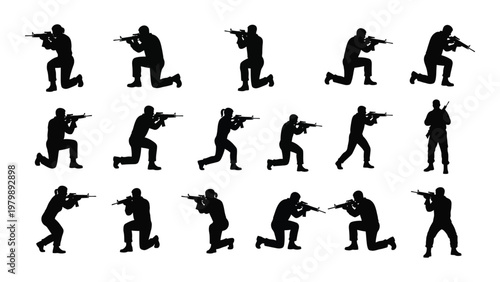 A collection of silhouetted figures in various shooting positions primarily kneeling or crouching with rifles high quality professional detailed modern elegant