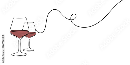 Continuous line wine cheers one line art, continuous drawing contour. Toasting with wine glasses with drinks. Cheers toast festive decoration for holidays. Vector illustration