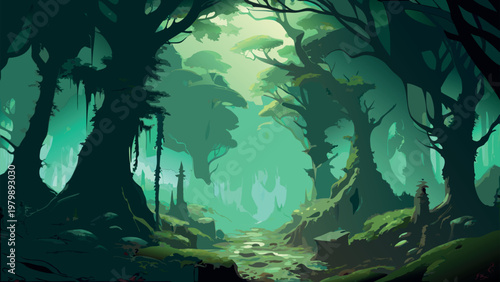 Enchanted Emerald Forest Glade with Ethereal Mist and Ancient Trees