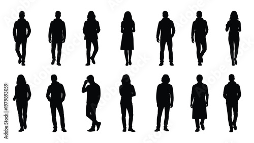 A collection of thirteen black silhouettes depicting diverse people standing and walking in various casual poses high quality professional detailed modern