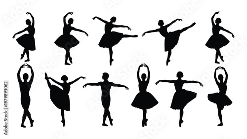 A collection of silhouettes depicting ballet dancers in various poses showcasing grace movement and artistic expression high quality professional detailed modern