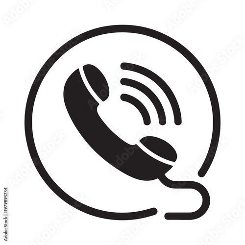 A simple black and white icon depicting a telephone within a circular frame