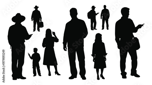 A collection of silhouetted figures including adults and children engaged in various activities and poses against a white backdrop high quality