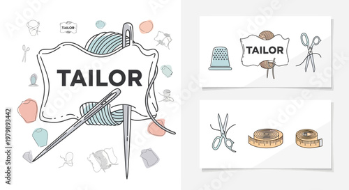 Creative tailor tools and sewing accessories illustration set.