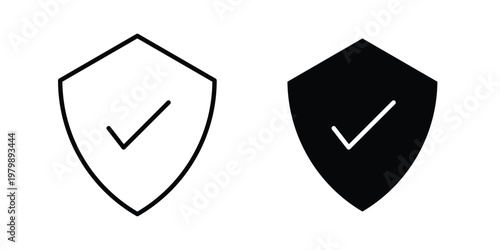 Shield check icon. Flat and outline icons. Black icons