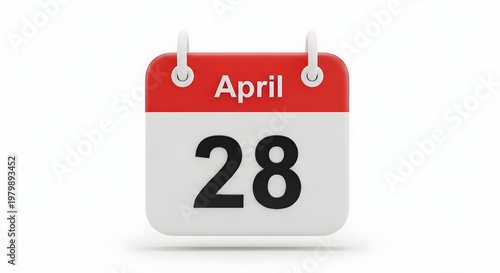 3d calendar icon showing april 28 isolated on white background
