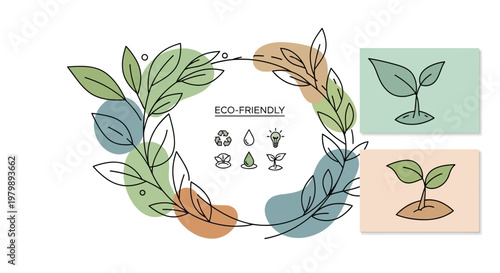 Eco friendly concept with green leaves and environmental icons.