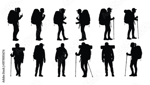 A collection of black silhouette figures depicts hikers and backpackers in various poses demonstrating movement and outdoor activity high quality professional