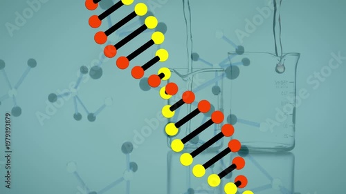 Animation of dna strand and molecules over beakers with liquid