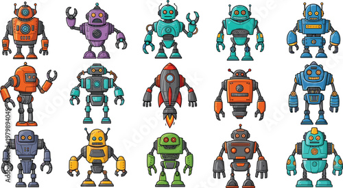 Colorful Cute Robot Character Icon Set with Various Cartoon Android Designs for Technology, AI, Kids Illustration, and Digital Applications