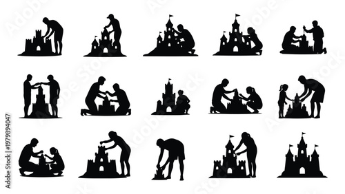 A collection of black silhouettes depicts people of all ages building and admiring elaborate sandcastles on a beach high quality professional