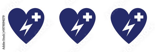 Automated external defibrillator AED sign icon set, heart and electric shock symbols, emergency medical and first aid graphics, simple isolated vector design for healthcare and public safety.