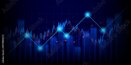 Technology financial graph with uptrend technology bar chart of stock market on blue color background