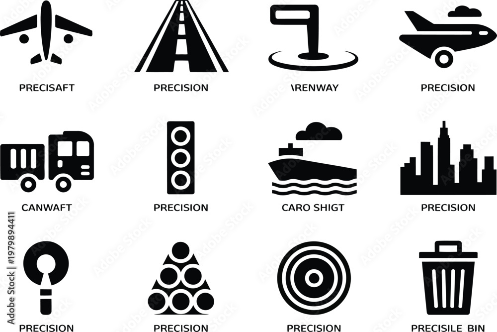 Fototapeta premium Set of various logistics transportation city infrastructure and industrial equipment icons for professional project interface navigation