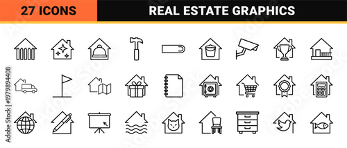 Real estate home services line icon set in minimalist black outline style.