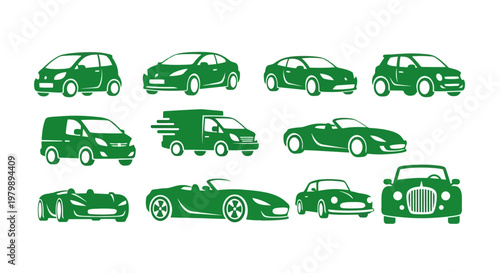 Green cars in various styles.