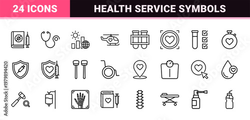 Healthcare and medical thin line icon set with heart and emergency symbols