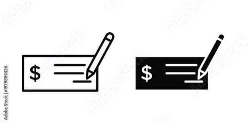 Signing cheque icon. Flat and outline icons. Black icons