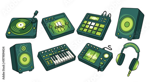 Green electronic music equipment set.