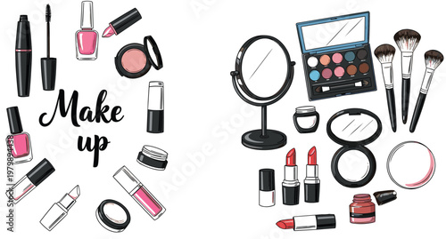 PrintMakeup Cosmetics Collection Vector Set with Mirror Lipstick Brushes Nail Polish and Beauty Products Hand Drawn Illustration Isolated on Transparent Background