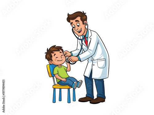Pediatrician Checking Little Boy's Ear with Stethoscope Illustration