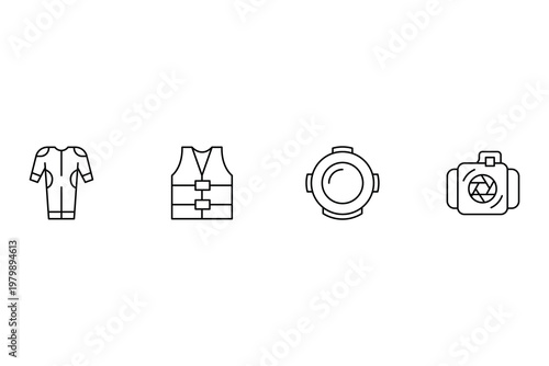Scuba diving and marine activity equipment line icon vector illustration featuring wetsuit life vest helmet and underwater camera gear set.