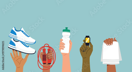 Hands holding fitness and sports equipment.