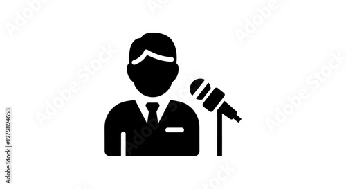 A simple black icon of a man wearing glasses and speaking into a microphone