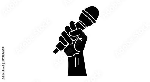 A hand firmly holding a microphone in a powerful gesture