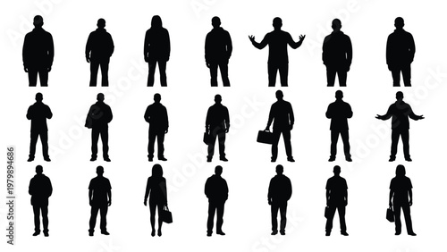 A collection of diverse black silhouettes depicting people in various standing poses including some with briefcases high quality professional detailed modern