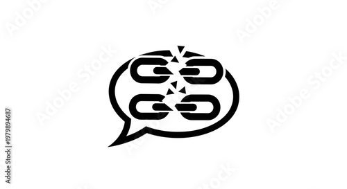 A broken chain link in a speech bubble on a white background