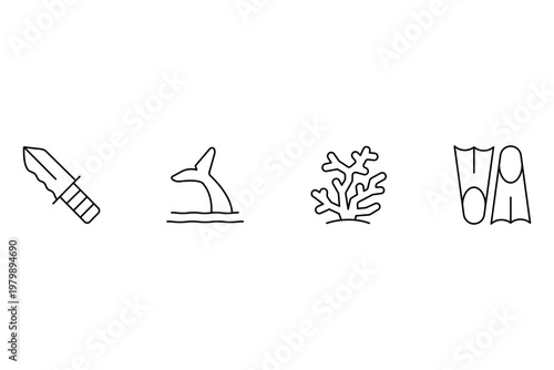 Marine life and diving gear collection line icon vector illustration featuring a knife whale tail coral and flippers set.