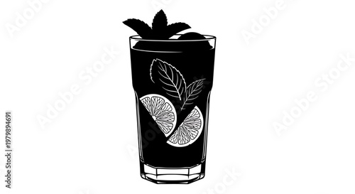 A black and white illustration of a refreshing cocktail with lime slices and leaves
