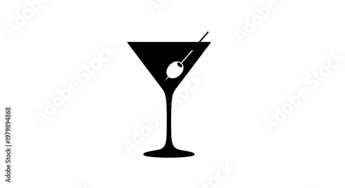 A simple black martini glass with an olive on a white background