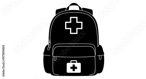 A black backpack with a white cross on it and a small first aid kit attached