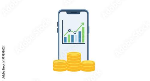 Smartphone with graph and gold coins.