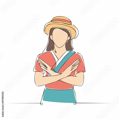 Woman wearing a hat crossing arms in a no gesture.