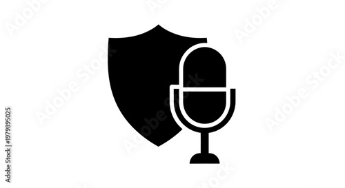 A black shield and microphone icon on a white background representing protection and communication