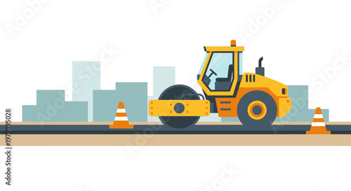 Yellow Road Roller Construction Vehicle Machine.