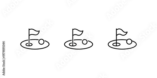 Golf hole with flag and ball icons on green field representing sport activity game and outdoor recreation leisure pursuit