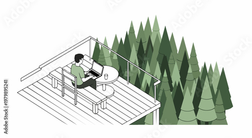 Isometric Illustration of a Digital Nomad Working on a Laptop from a Balcony Overlooking a Pine Forest