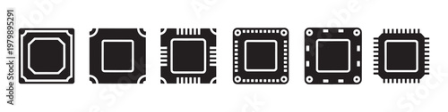CPU processor silhouette icon set technology chip and hardware symbols in solid vector illustration collection