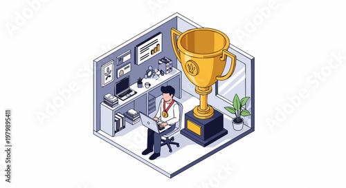 Business Success and Achievement Concept: Isometric Illustration of a Man with a Giant Gold Trophy Cup and Medal Working in his Office