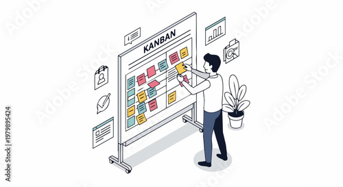 Agile Project Management Concept with Kanban Board and Sticky Notes, Isometric Vector Illustration for Business Workflow and Task Tracking