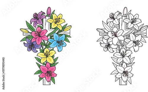 Christian Cross with Colorful Blooming Lily Flowers and Outline Vector Illustration Set for Easter Faith and Religious Celebration