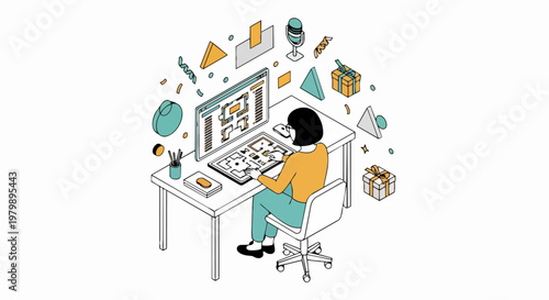 Isometric Female Architect Designing House Floor Plan on Computer and Graphics Tablet in Modern Home Office
