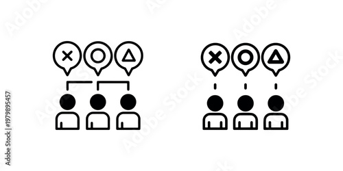 Teamwork and collaboration concept with people and communication bubbles above heads showing agreement and disagreement icons teamwork and cooperation planning and strategy development