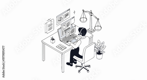 Isometric Illustration of a Lawyer at Work with Laptop and Scales of Justice for Digital Legal Consultation and Law Services