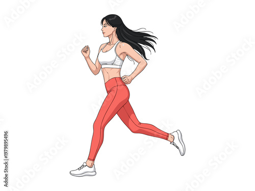 Side view of a fit young woman with long black hair running in sports bra and leggings
